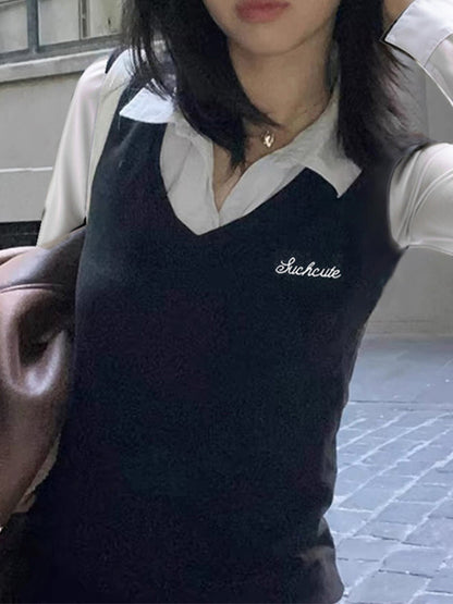 Contrast Color 90s Fake Two Piece Slim Fit Long Sleeves Shirts