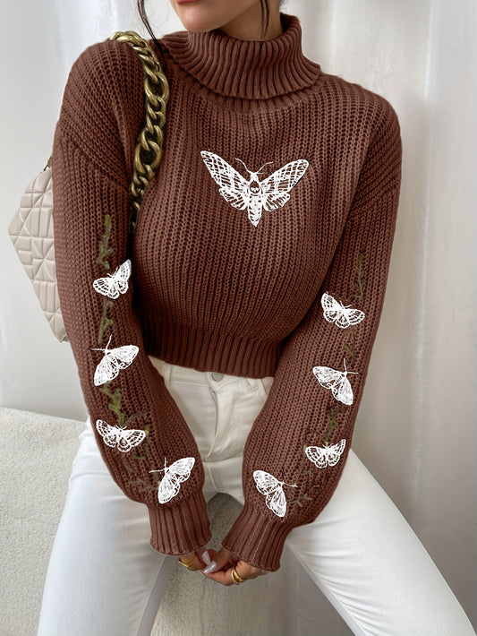 Jersey de punto de cuello alto con estampado de mariposas para mujer | Ideal para otoño/invierno