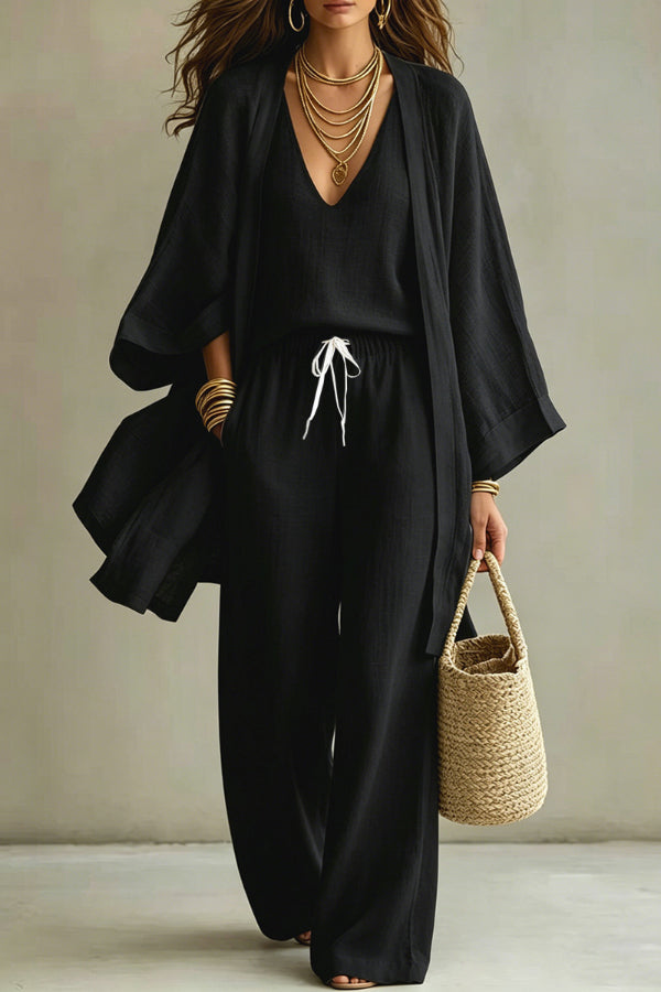 Linen Blend Solid Color Loose Cardigan V-neck Sleeveless Vest and Elastic Waist Pocket Straight Leg Pants Three-piece Set