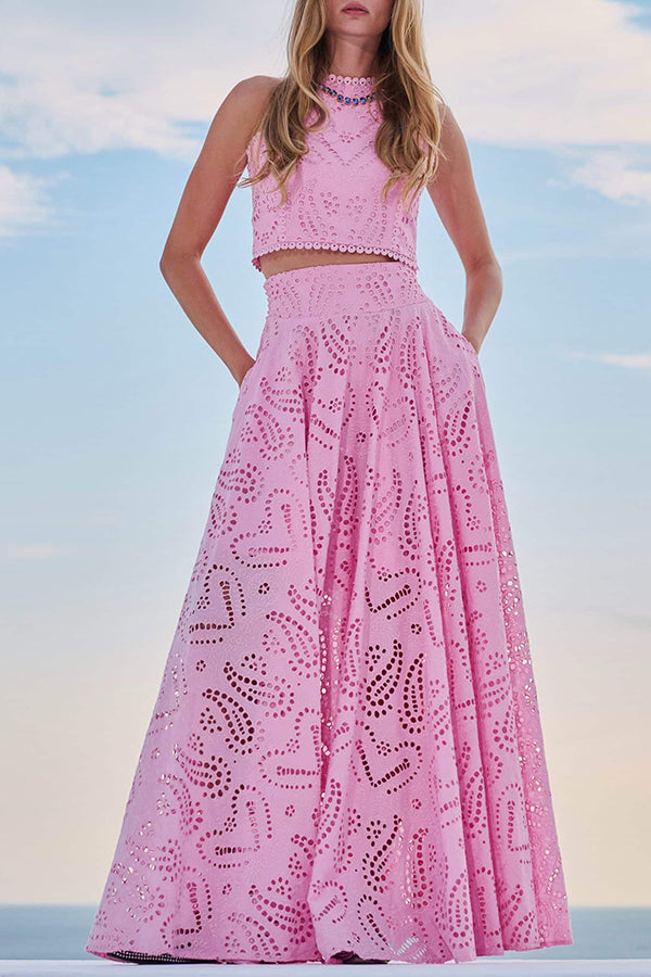 Paris Dreaming Embroidered Lace High Rise Elastic Waist Pocketed Maxi Skirt 