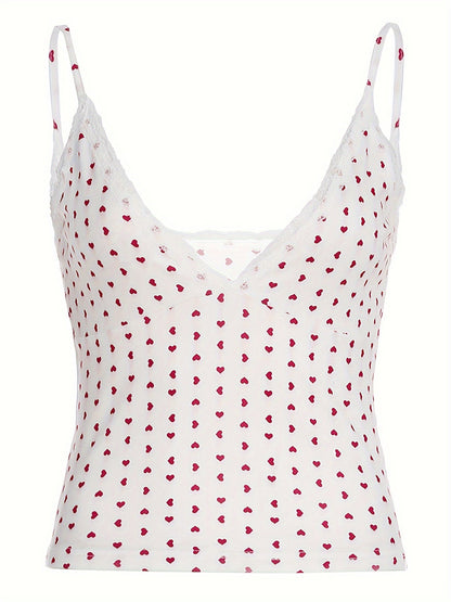 Y2K Aesthetic V-Neck Camisole with Contrast Lace Detail, Geometric Heart Pattern, Knit Fabric Slingback Top, 95% Polyester 5% Elastane, 180g/m² Lightweight Fabric