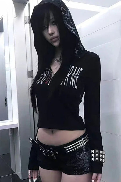 Gothic Graphic Hooded Long Sleeve  Crop Top
