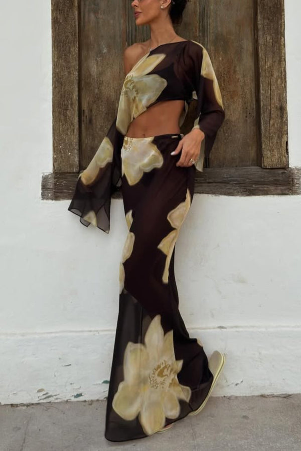 Floral Print Off-shoulder Long-sleeved Loose Top and Elegant Drawstring Maxi Skirt Set