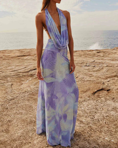 Ink Printed Deep V Large Backless Suspender Pleated Long Dress