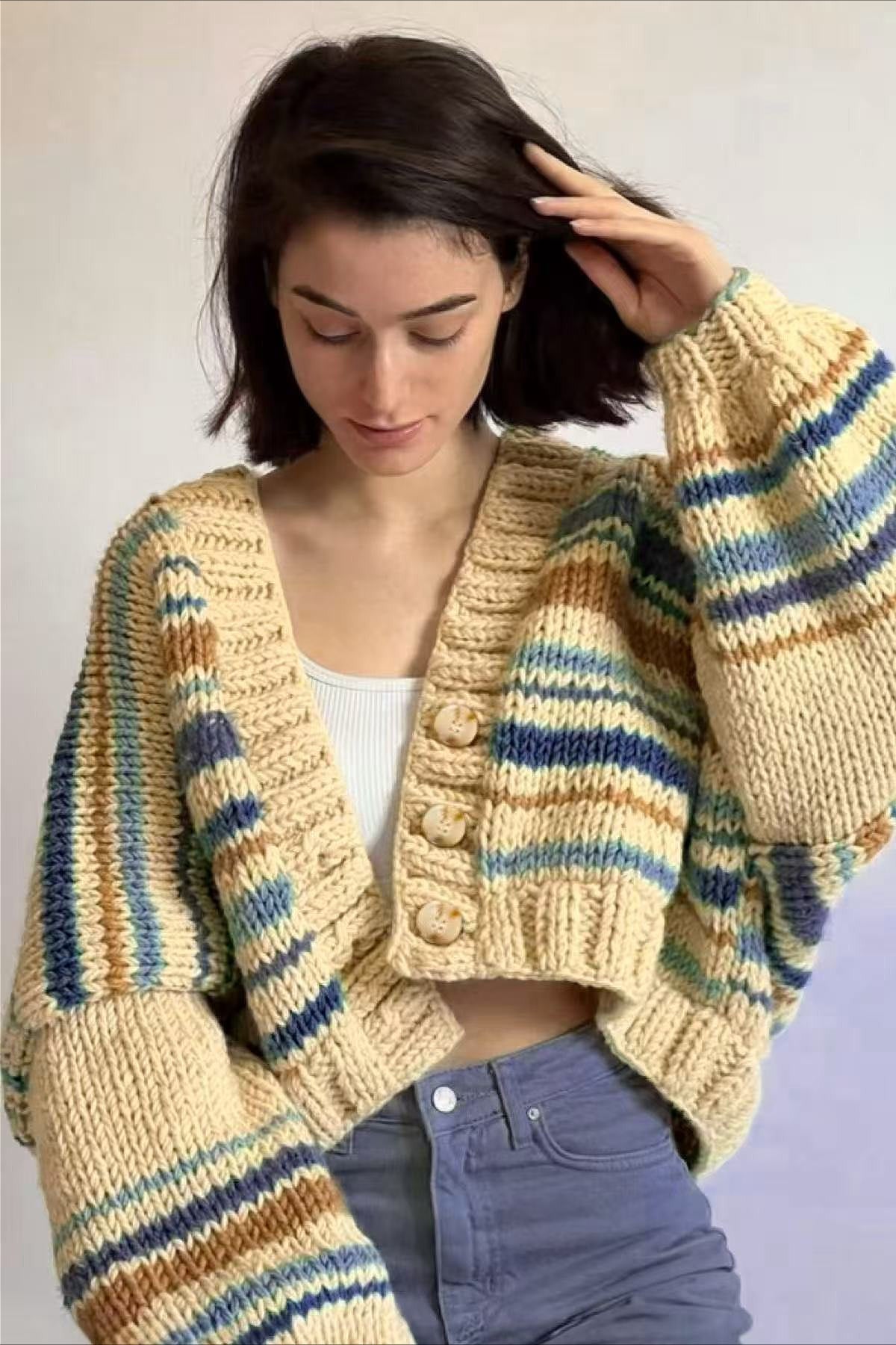 Relaxed V Neck Color Block Knit Cardigan