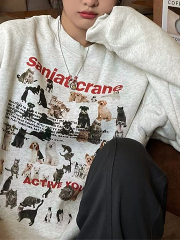 Puppy Cat Print Loose Sweatshirt