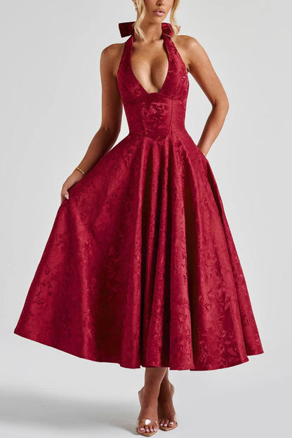 Stylish Jacquard Halter Neck Fitted Waist Open Back Elegant Midi Dress