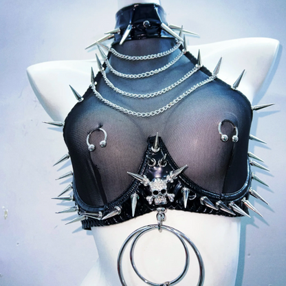 Halter metal chain see through rivet applique mini skirt set  | Festival Outfits Women