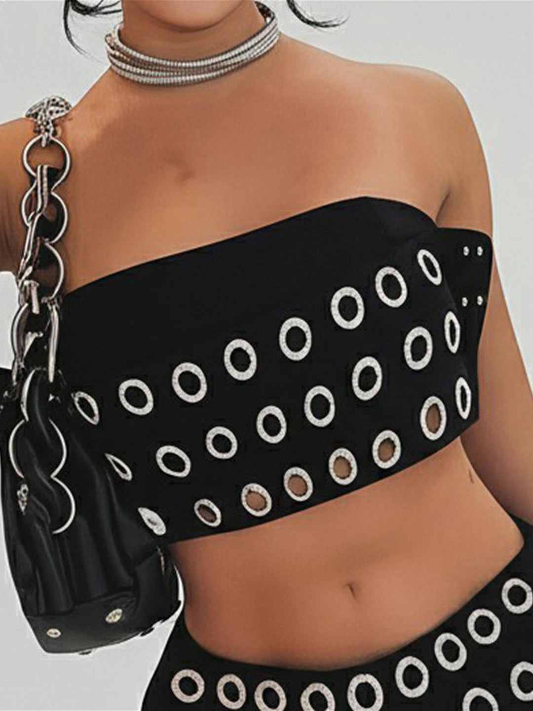 Edgy Cool Eyelet Detail Strapless Bandeau Crop Top