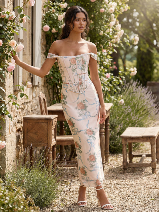 Floral Print Vintage Corset Bodycon Maxi Dress With Lace Trim For Women 2026