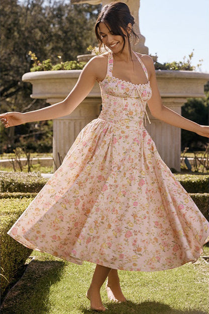 Elegant Strapless Printed Maxi Floral Dress