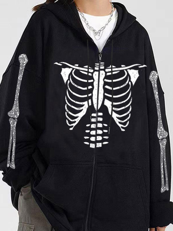 Skeleton Print Rhinestone Zip Up Oversized Hoodie