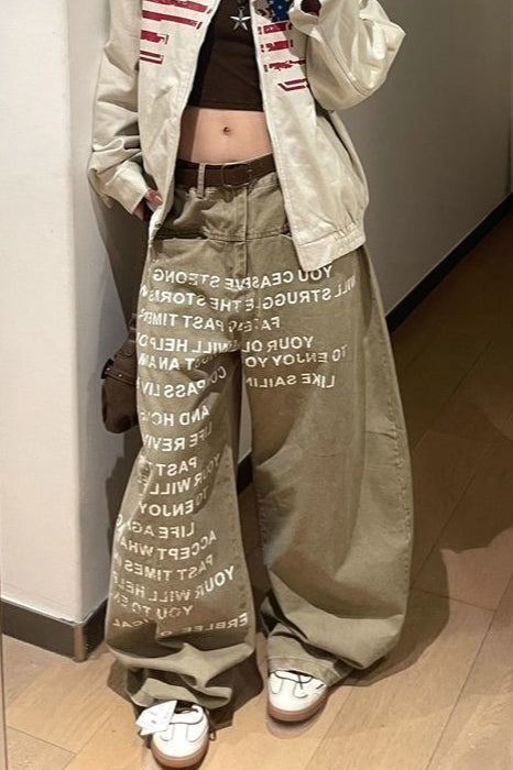 Vintage Letter Printed Curved Leg Slouchy Jeans
