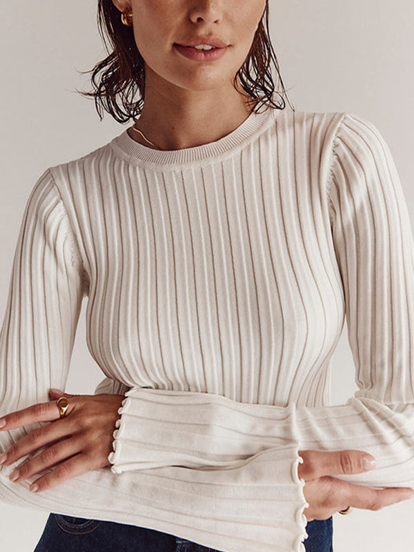 Solid Ribbed Crew Neck Long Sleeve Knit