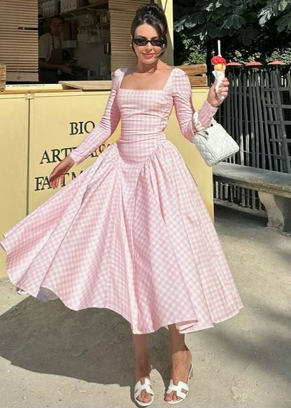 Pink Gingham Long Sleeve Midi Dress – Vintage Square Neck Fit and Flare