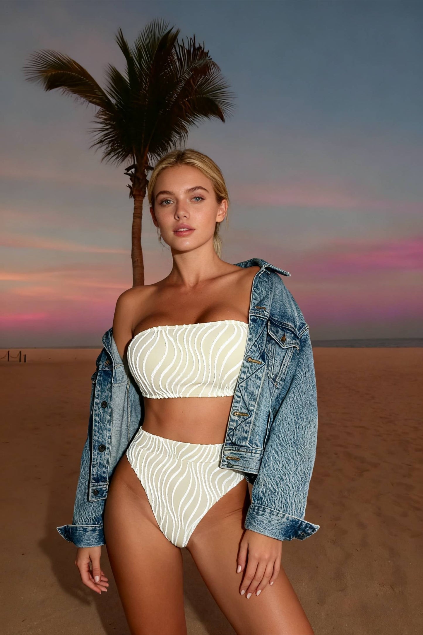 Wave Striped Bandeau High Waist Two Piece Swim Sets