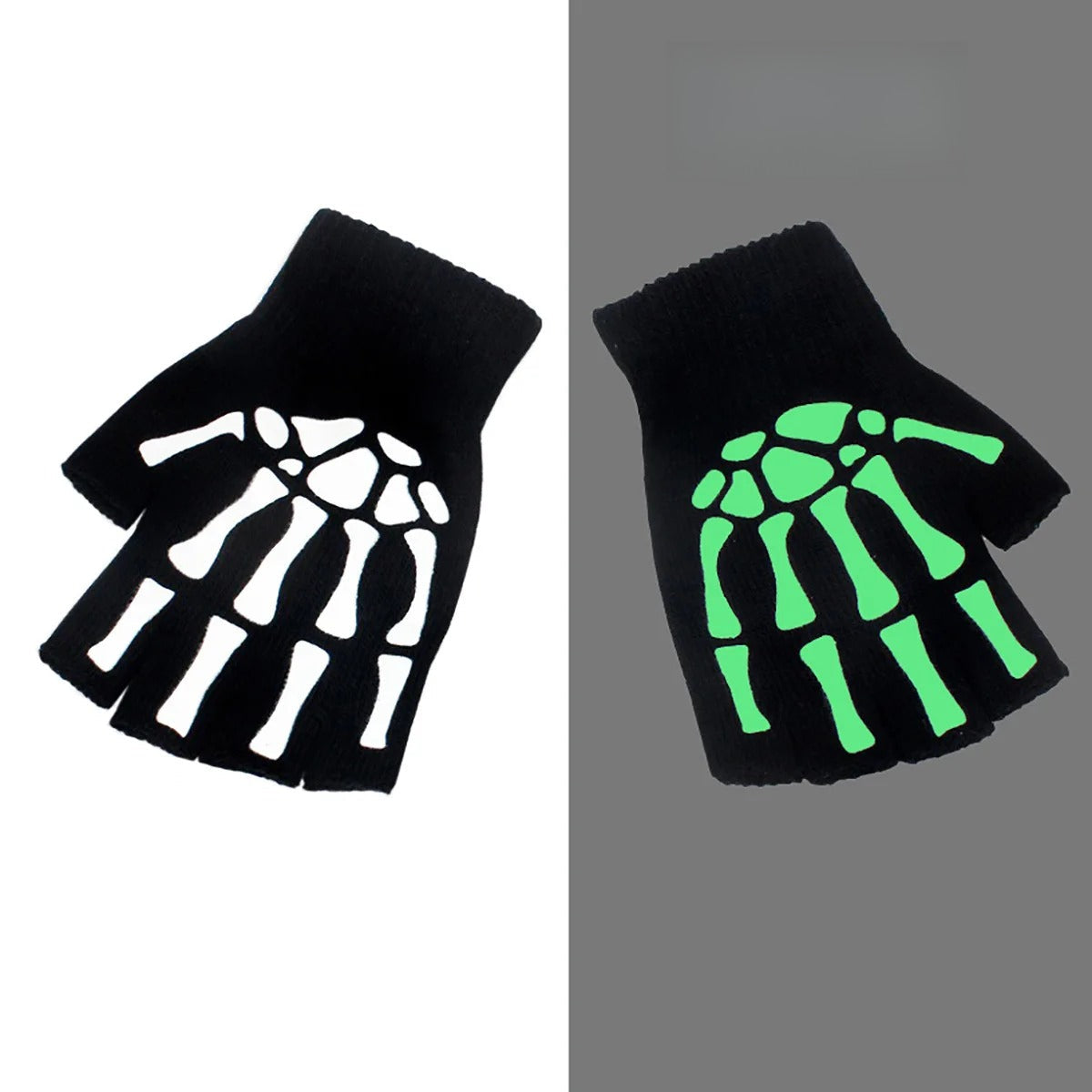Winter Warm Black Skull Fingerless Gloves