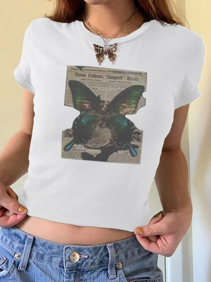 Vintage Brown Butterfly Print Short Sleeve Tee