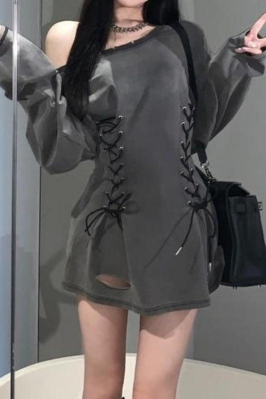 Strappy Asymmetric Shoulder Hoodie Mini Dress