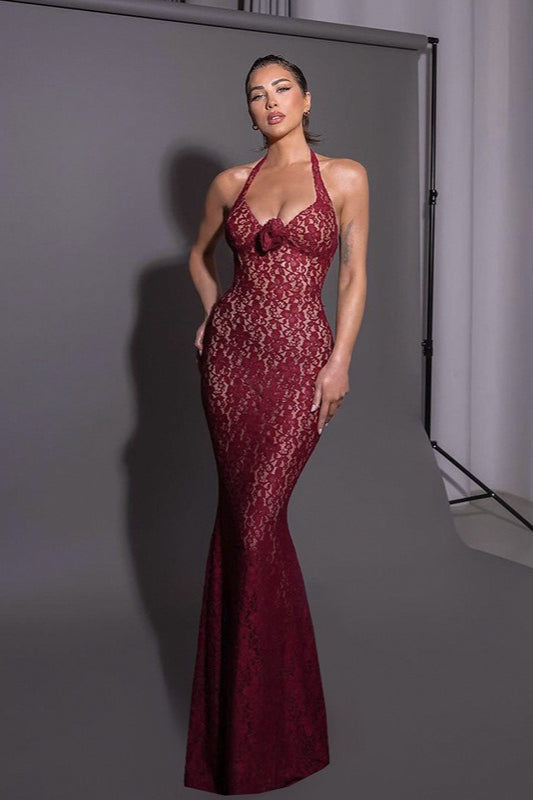 Lace Halter Neck Fitted Bodycon Maxi Dress