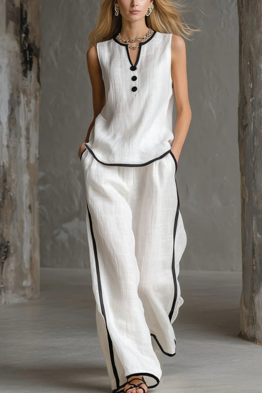 Stylish Color-blocked Sleeveless V-neck Top and Elastic Waist Pockets Casual Wide-leg Pants Set