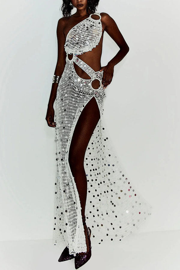 Sunshine Baby Knit Hollow Out Sequin One Shoulder Ring Detail Slit Cover-up Maxi Dress