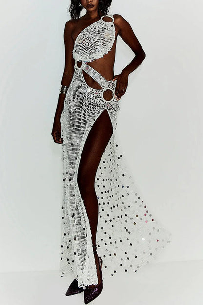 Sunshine Baby Knit Hollow Out Sequin One Shoulder Ring Detail Slit Cover-up Maxi Dress