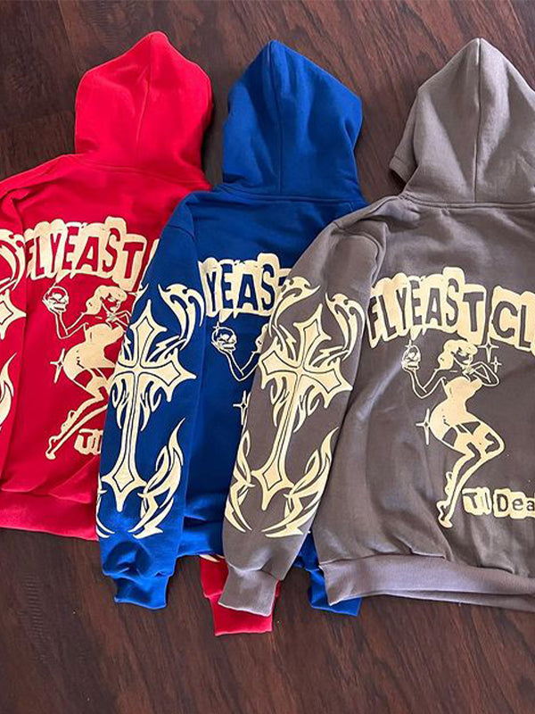 Cross Lettering Oversized Long Sleeve Hoodie