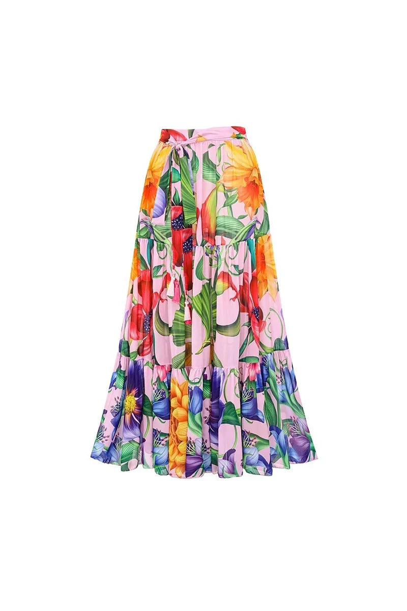 Conjunto de traje de baño estampado con mangas farol y escote en V profundo