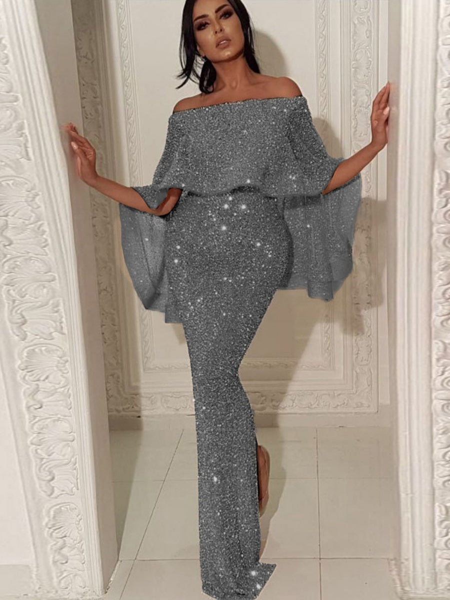 Ruffled One-shoulder Dress Sequins Maxi Dresses