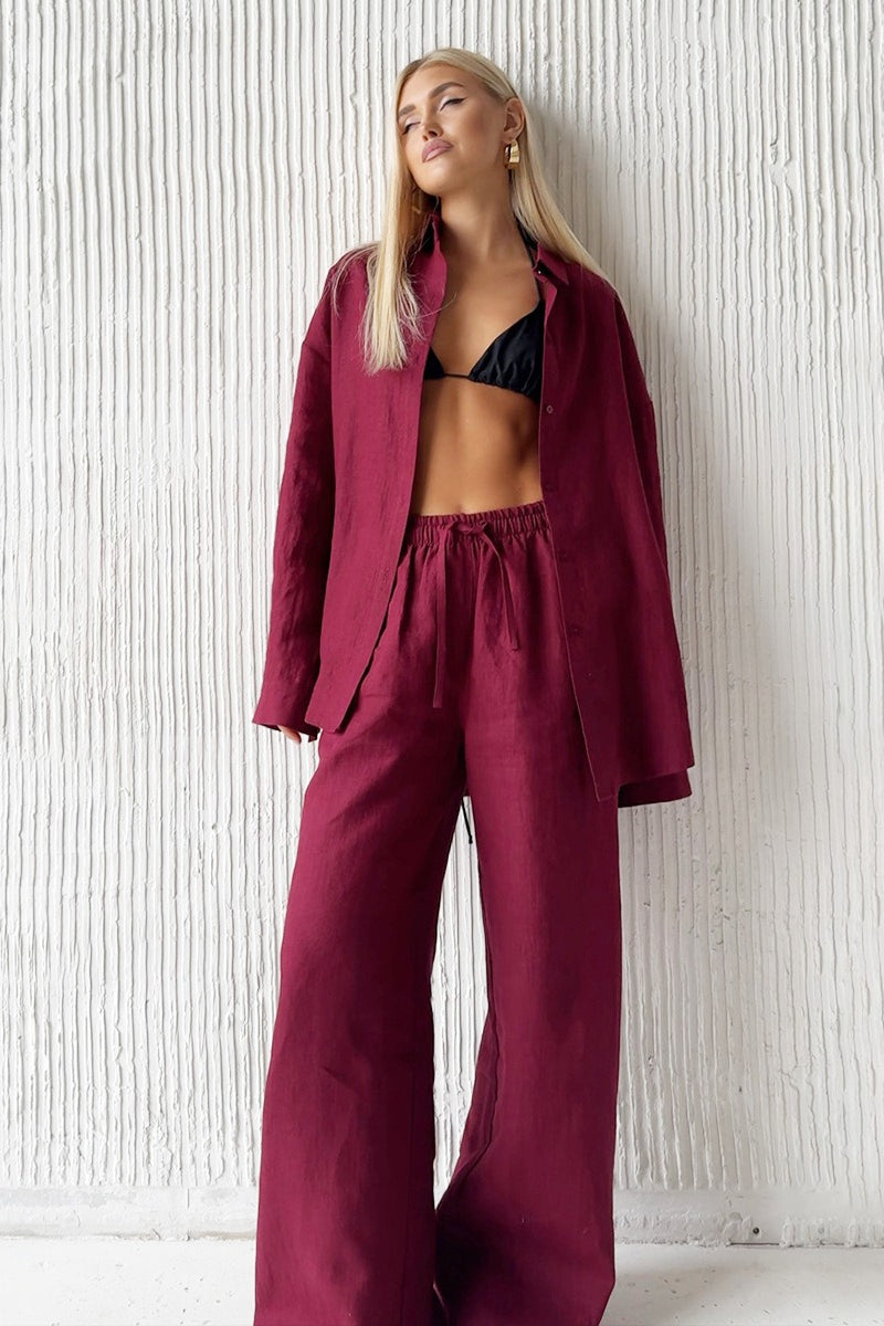 Cotton Long Sleeve Button Down Shirt Pants Set