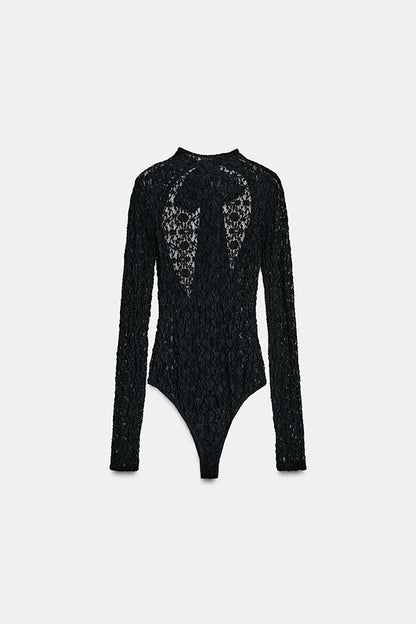 Anna Semi-sheer Lace Long Sleeve Back Bow Tie-up Cutout Stretch Bodysuit