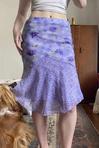 Purple Floral High-Waist Asymmetrical Skirt