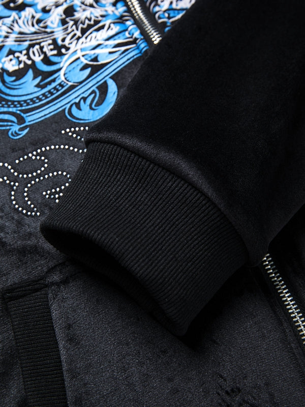 Grunge Rhinestone Print Zip Up Hoodie