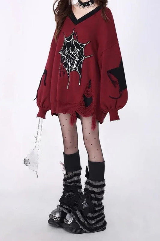 Y2K Harajuku Spider Web Jacquard Oversized Ripped V-neck Sweater