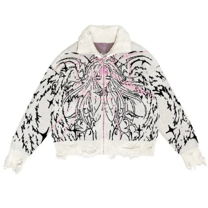 Y2K Angel Cartoon Print Zipper Coat