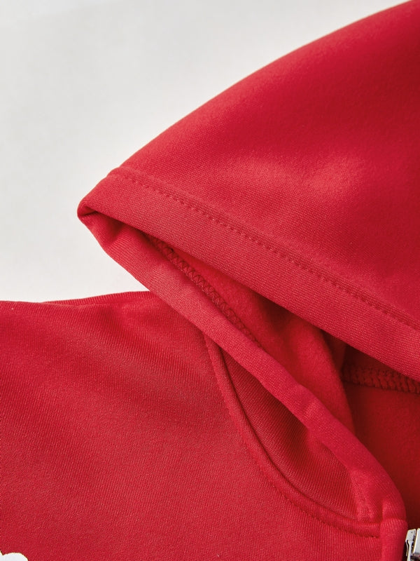 Red Vintage Print Zip Up Oversized Hoodie