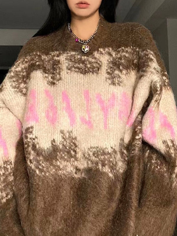 Fuzzy Contrast Color Print Oversized Sweater