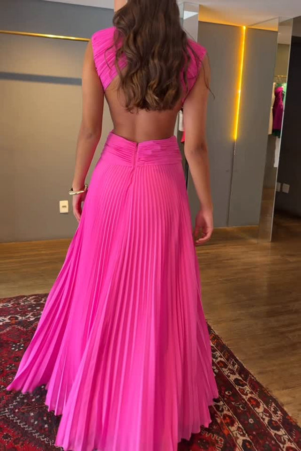 Tamia Pleated Chiffon Fabric Crossover Cutout Waist Open Back Maxi Dress