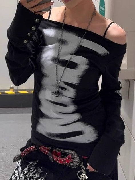 Virtual Print Off Shoulder Slim Fit Rivet T-shirt
