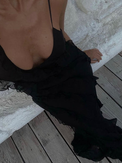 Halter Backless Slit Ruffles Maxi Dress