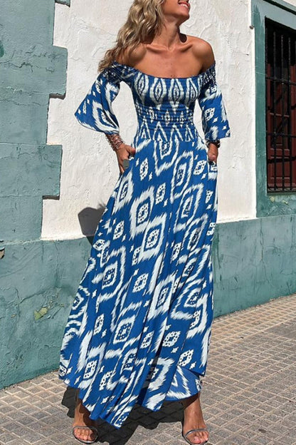 Street vacation style ethnic print off shoulder pocket long skirt