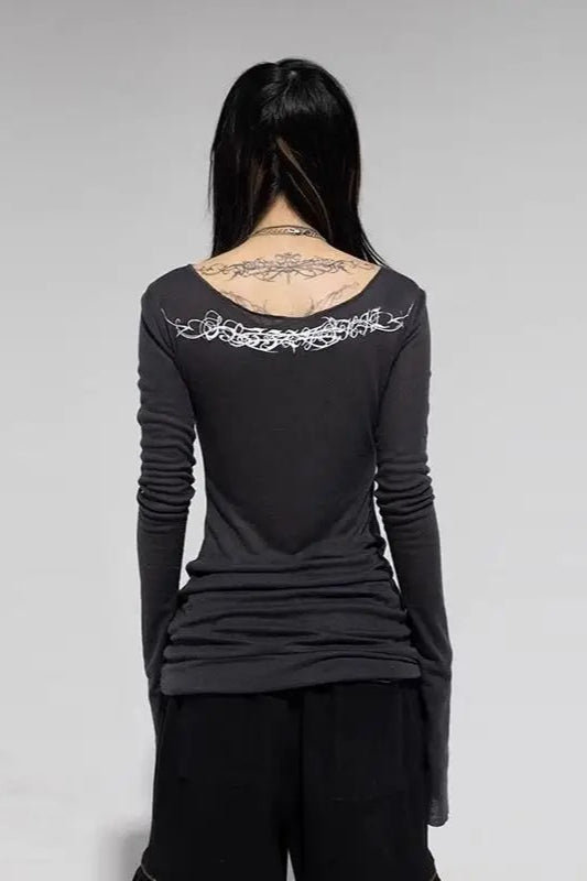 Gothic Graphic Slim Long-sleeve Y2k Knit Top