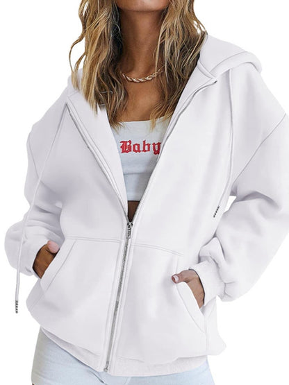 Solid Drawstring Zip Up Oversized Hoodie