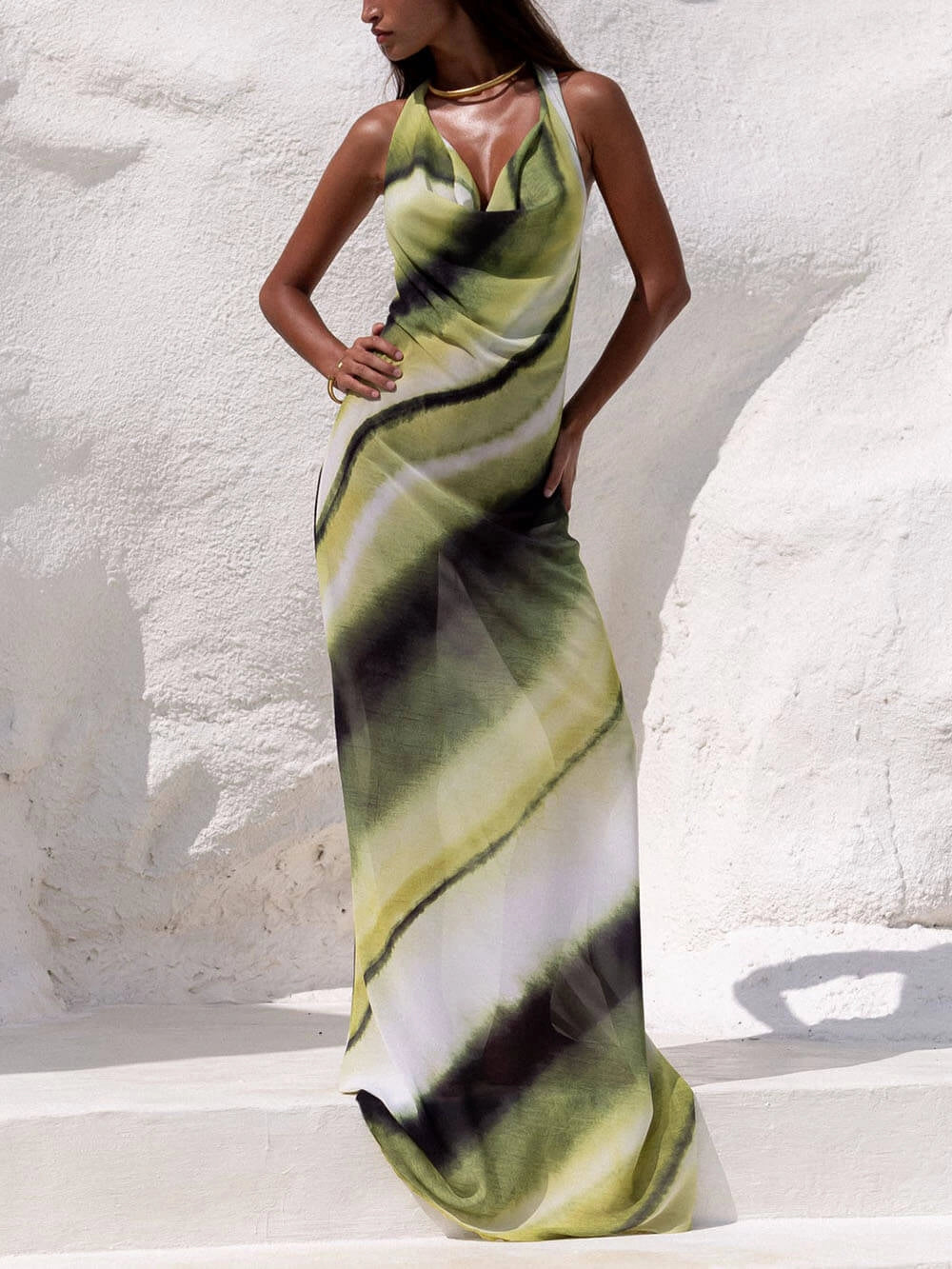 Misha Printed Cowl Neck Halter Tie-up Vacation Maxi Dress