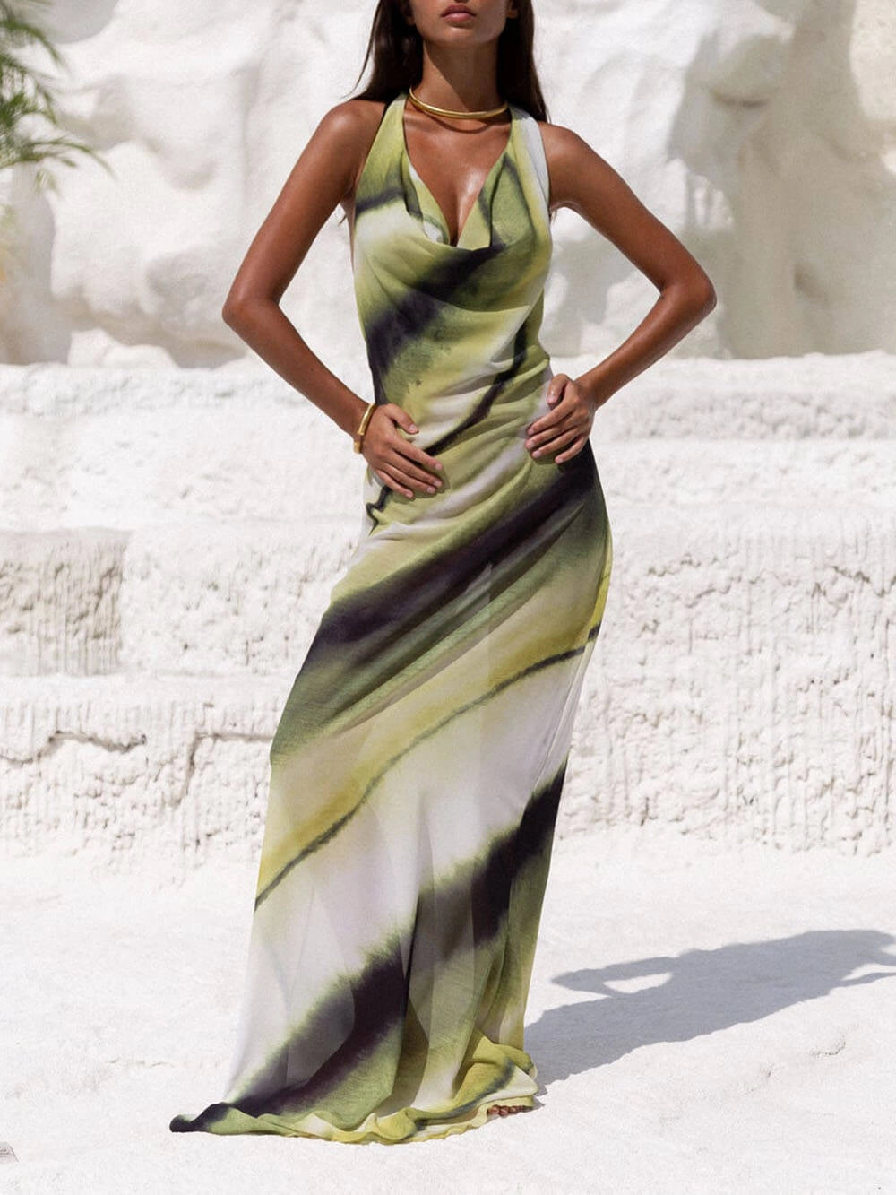 Misha Printed Cowl Neck Halter Tie-up Vacation Maxi Dress