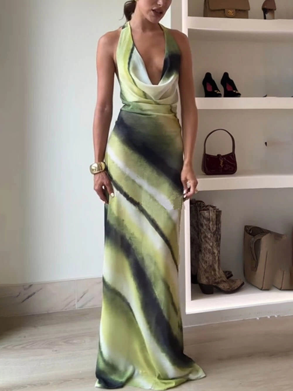 Misha Printed Cowl Neck Halter Tie-up Vacation Maxi Dress