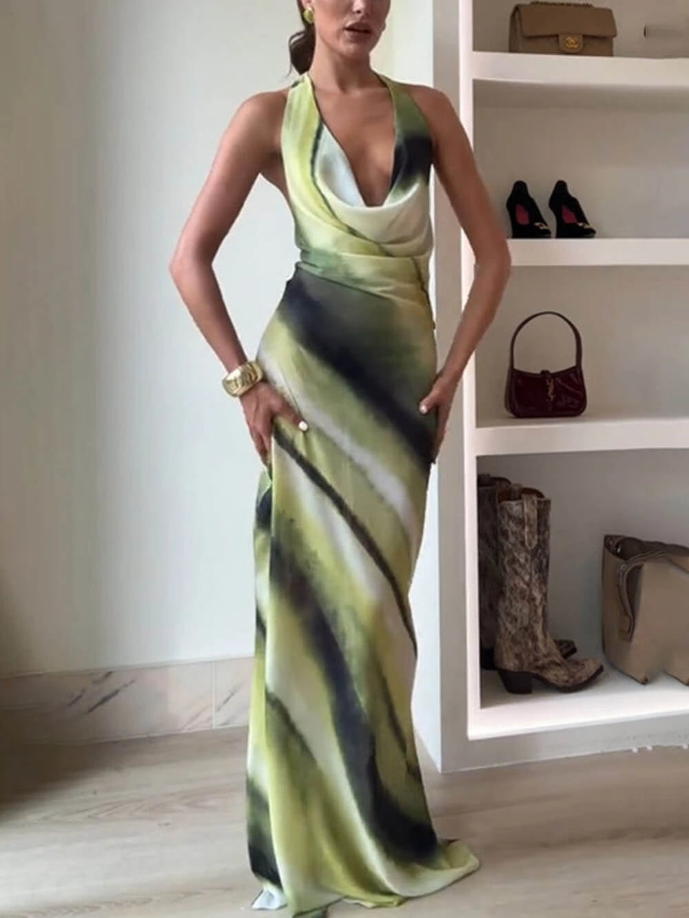 Misha Printed Cowl Neck Halter Tie-up Vacation Maxi Dress