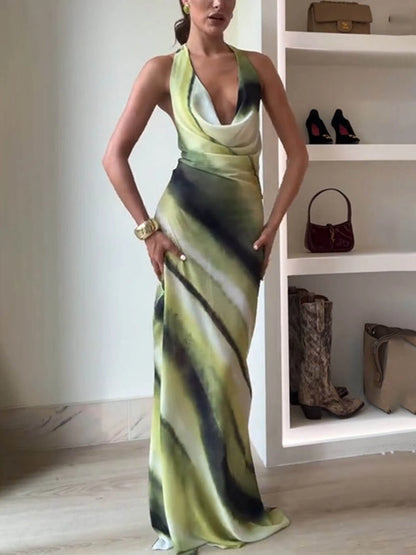 Misha Printed Cowl Neck Halter Tie-up Vacation Maxi Dress