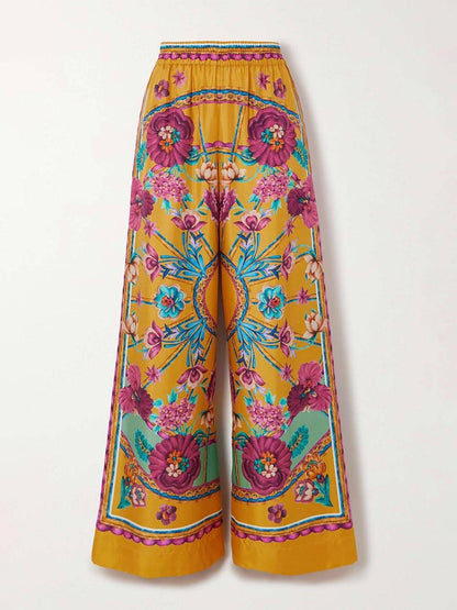 Sunset Cropped Unique Floral Printed Loose Wide-Leg Pants